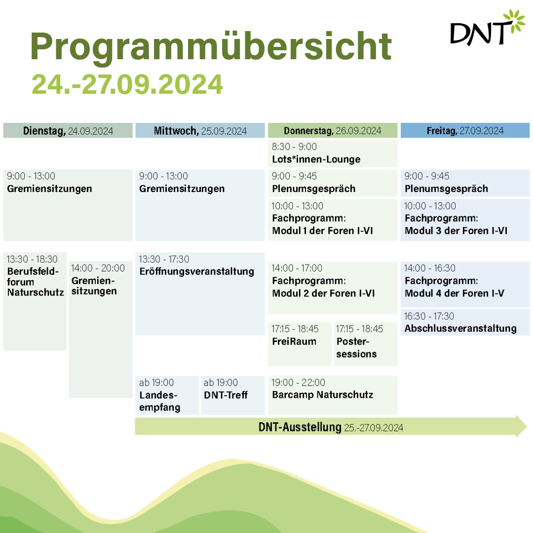 Heute beginnt der 37. Deutsche Naturschutztag! Für alle Teilnehmenden gibt es hier vorab einen Überblick über das Programm. 

Wir freuen uns auf zahlreiche Teilnehmende, spannende Gespräche und viele neue Impulse!

#dnt2024 #roadtoDNT #DeutscherNaturschutzTag #naturschutz