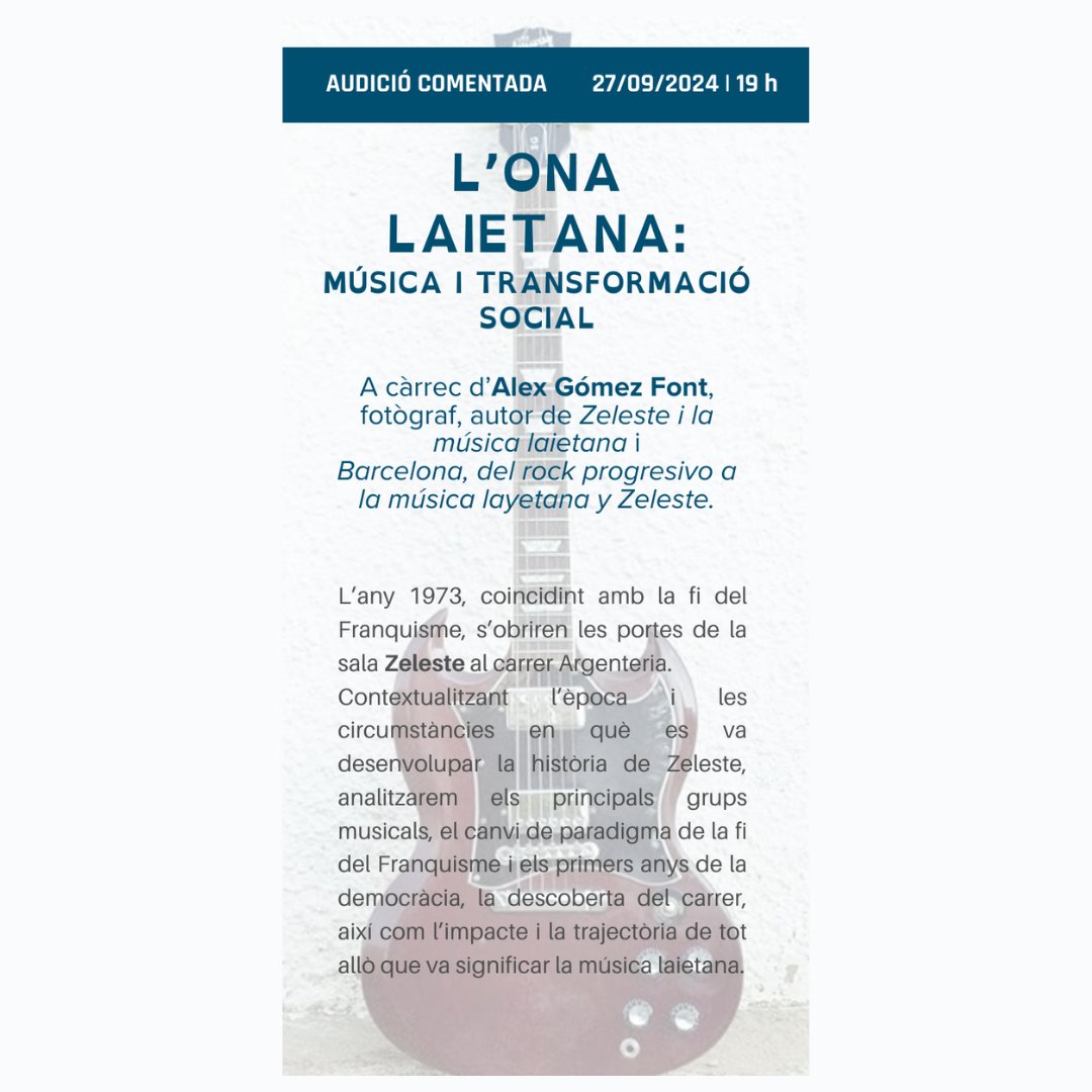 #CicleMúsicaafons per endinsar-nos al món de la música moderna a través dels seus protagonistes i dels moments claus del segle XX.

🎶🍁🎶🍁

📅 27/09/2024 a les 19:00h
Audició comentada 
L'Ona Laietana: Música i transformació social amb Alex Gómez Font, fotògraf i escriptor.