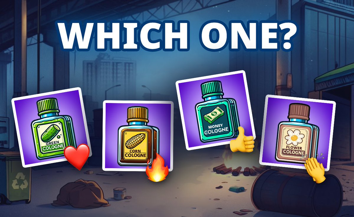 bums_official's tweet photo. Find the correct perfume from the game! Write in commets the right emoji:

Cucumber - ❤️
Corn - 🔥
Money - 👍
Flower - 👏

Why does a bum like me need perfume? Spray on the scent and you’ll instantly become a magnet for attention! Plus, you’ll boost your coin count per hour and level up faster🚀

Your aroma-therapist📦