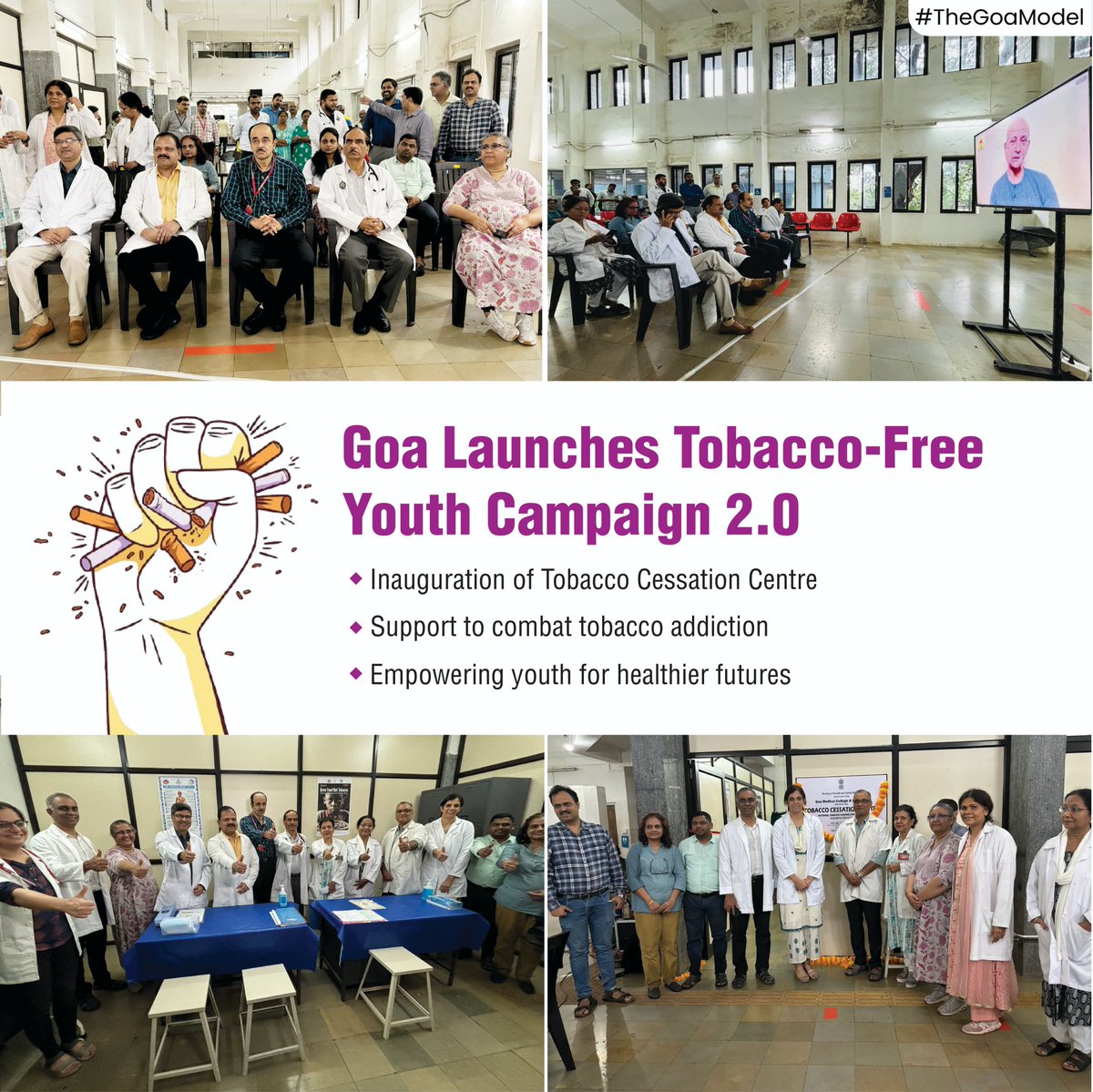 The_GoaModel's tweet photo. Goa launches Tobacco-Free Youth Campaign 2.0 at @GoaGmc, alongside the new Tobacco Cessation Centre. Empowering youth with the tools and support they need to live tobacco-free.
#TheGoaModel #TobaccoFreeYouth #GoaHealth #HealthyLiving #YouthEmpowerment #QuitTobacco #GoaGMC https://t.co/RnSKWFCOXe