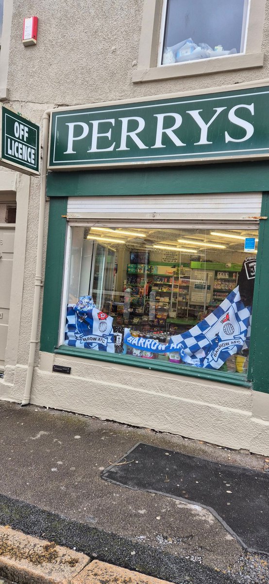 nicmallimac's tweet photo. @BarrowAFC c'mon Barra 🐦 🔵⚪️ all local supporters at my shop #perrysofflicence will be watching tonight at #thecrossbar https://t.co/XokF9vaAgZ