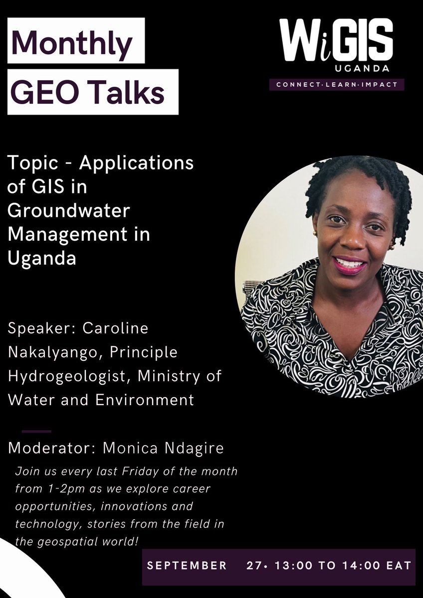 Women in Geographic Information Systems Uganda (@wigis_ug) on Twitter photo Making the invisible visible through GIS! Join us this Friday for an enlightening geo talk on GIS applications for groundwater management in Uganda by Caroline Nakalwango, a Principal Hydrogeoligist <a href="/min_waterUg/">MINISTRY OF WATER AND ENVIRONMENT ๐บ๐ฌ</a>! <a href="/Ndagire__/">Monica Ndagire</a> <a href="/mnamukose9/">Mary Namukose</a> <a href="/groundwaterfdn/">Groundwater Foundation</a> Making the invisible visible through GIS! Join us this Friday for an enlightening geo talk on GIS applications for groundwater management in Uganda by Caroline Nakalwango, a Principal Hydrogeoligist <a href="/min_waterUg/">MINISTRY OF WATER AND ENVIRONMENT ๐บ๐ฌ</a>! <a href="/Ndagire__/">Monica Ndagire</a> <a href="/mnamukose9/">Mary Namukose</a> <a href="/groundwaterfdn/">Groundwater Foundation</a>