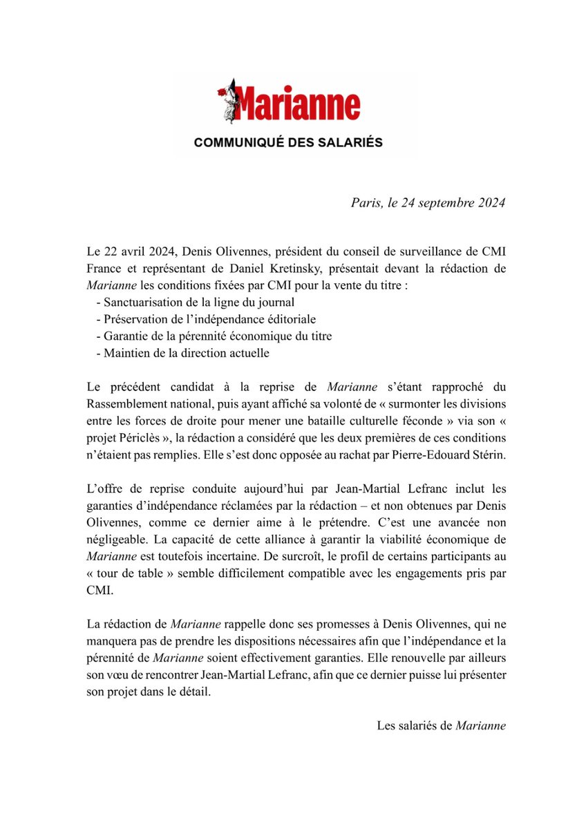Communiqué des salariés de <a href="/MarianneleMag/">Marianne</a>.