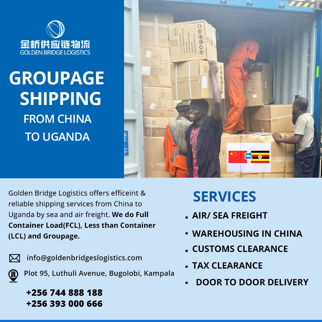 GoldenBridgeSCL's tweet photo. Groupage shipping from China to Uganda.

Perfect shipping solution for small and medium businesses,  and entrepreneurs who want to import directly from China.

You don't need an agent or to travel to China. 
Contact us for more info or quotation
☎+256 744 888 188 ( WhatsApp) https://t.co/bl2CTYNlEN