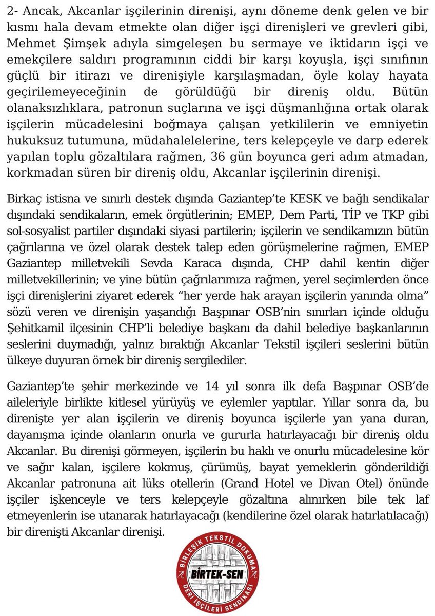 birlesiktekstil's tweet photo. Akcanlar Tekstil’de direniş bitti, mücadele devam edecek!

Söz veriyoruz; Akcanlar işçisi hakkını alacak! 

Akcanlar Tekstil’de fabrika önünde direniş sona ermiş olsa da, işçiler haklarını alana kadar mücadelemize devam edeceğiz! 
Akcanlar patronunun işçi düşmanlığını, hak, hukuk ve yasa tanımazlığını her platformda teşhir etmeye devam edeceğiz!

Akcanlar işçisi kazanacak! 
İşçi sınıfı kazanacak!

Geniş açıklamamız 👇🏽👇🏽