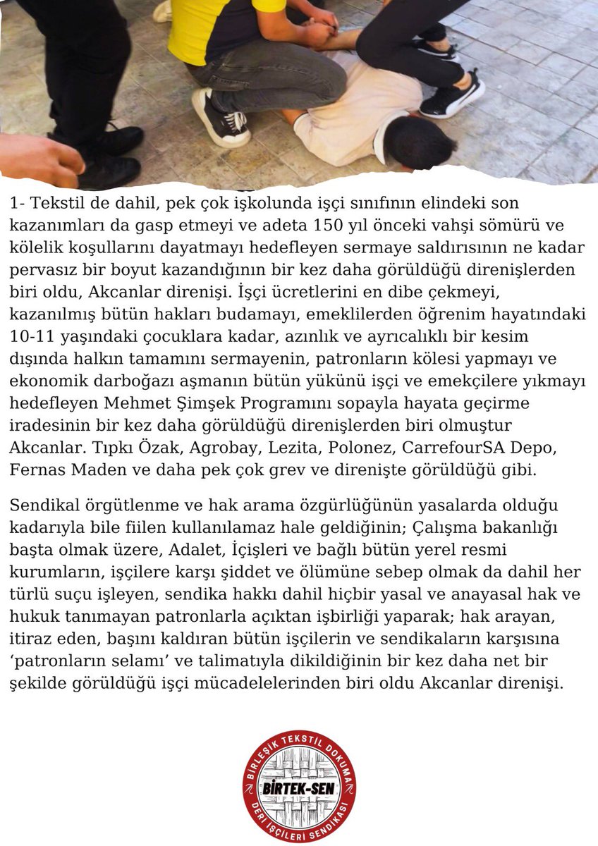 birlesiktekstil's tweet photo. Akcanlar Tekstil’de direniş bitti, mücadele devam edecek!

Söz veriyoruz; Akcanlar işçisi hakkını alacak! 

Akcanlar Tekstil’de fabrika önünde direniş sona ermiş olsa da, işçiler haklarını alana kadar mücadelemize devam edeceğiz! 
Akcanlar patronunun işçi düşmanlığını, hak, hukuk ve yasa tanımazlığını her platformda teşhir etmeye devam edeceğiz!

Akcanlar işçisi kazanacak! 
İşçi sınıfı kazanacak!

Geniş açıklamamız 👇🏽👇🏽