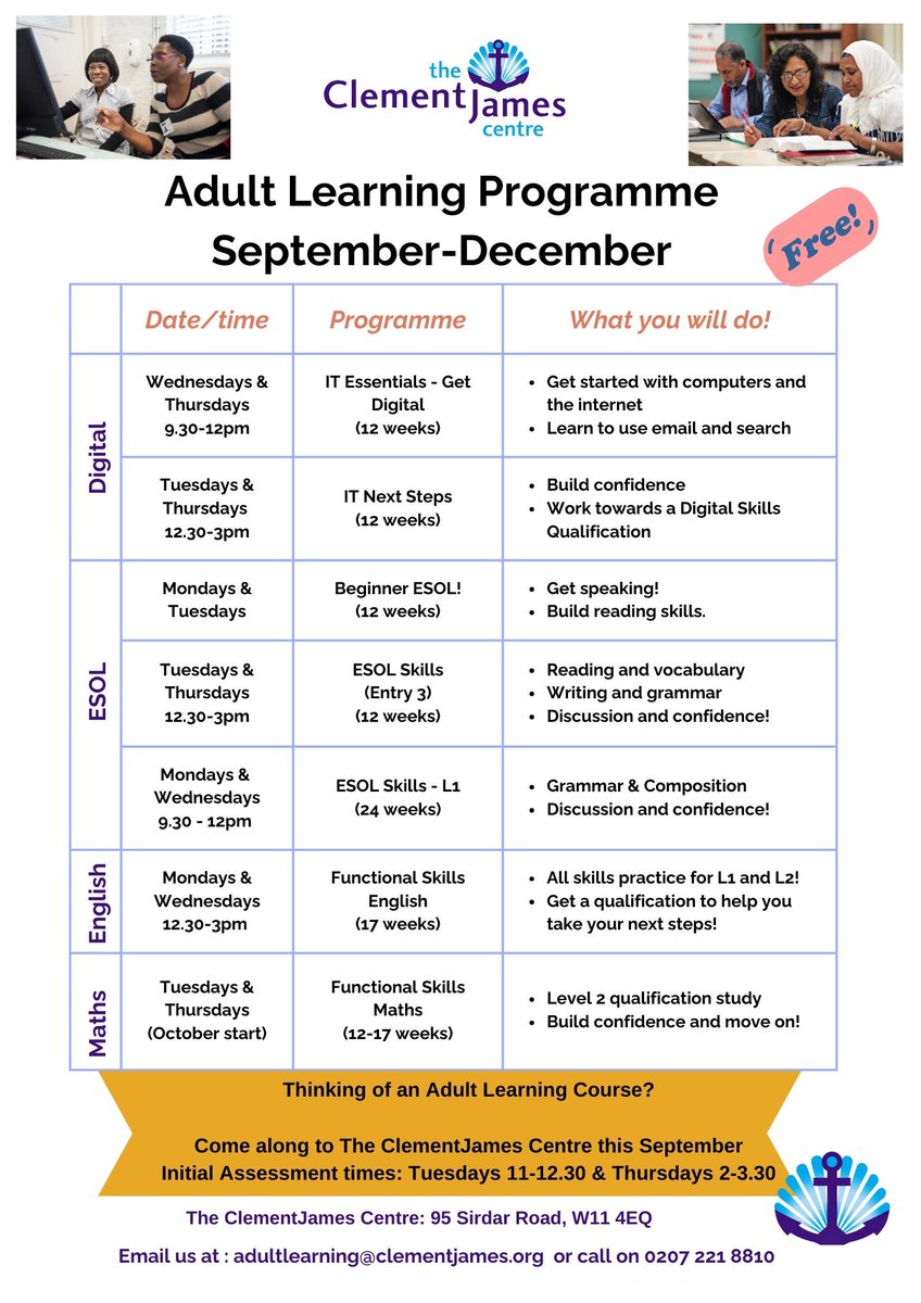 The ClementJames Centre's #AdultLearning courses are enrolling now!

Free courses for adults to build confidence, skills &amp; qualifications for next steps.

Check out our timetable below👇 &amp; come along for an initial assessment to enrol:
🕚Tuesdays 11-12:30 pm
🕑Thursdays 2-3:30 pm