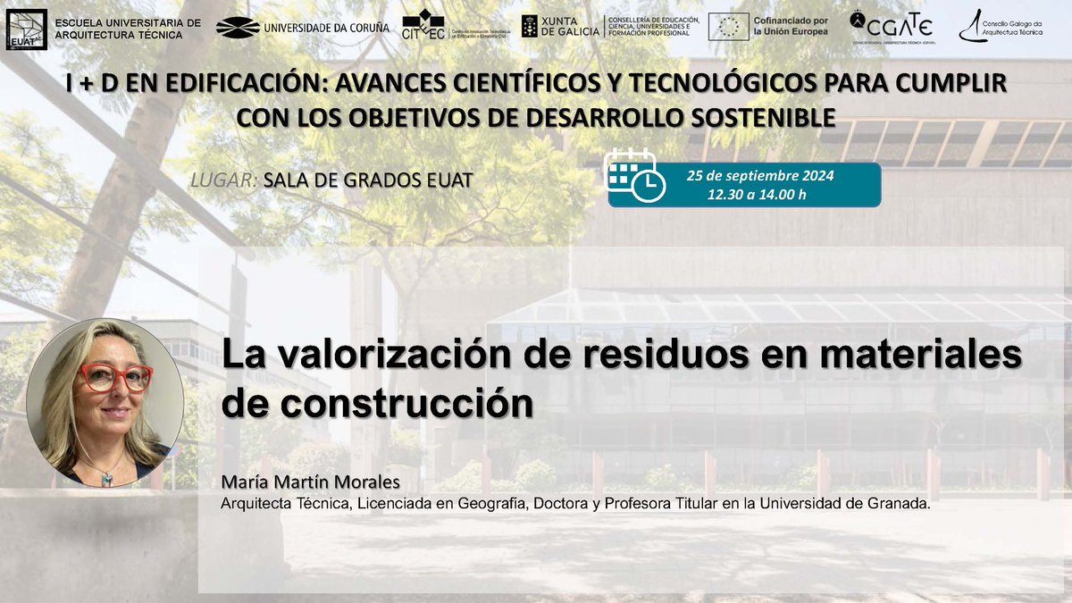 Mañana miércoles 25 de septiembre a las 12:30h arranca el ciclo de conferencias de I+D en Edificación.

Se entregará un diploma acreditativo de asistencia y un obsequio al finalizar el ciclo, previa inscripción al mismo.

📝 Formulario de inscripción: udcxest.udc.gal/xest/publica/a…
