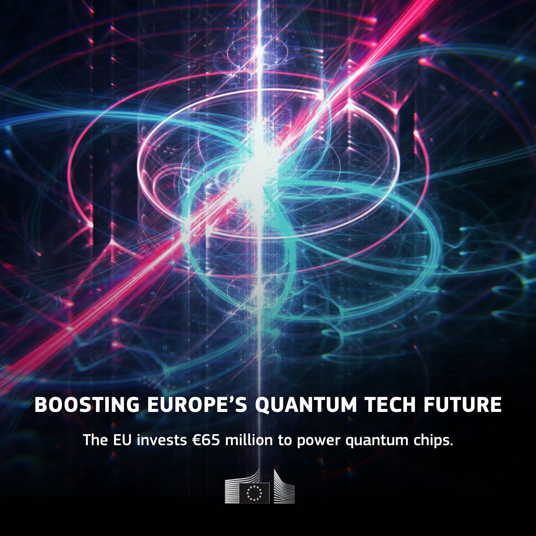 EU_Commission's tweet photo. We are charting the next digital frontier.

The EU is investing €65 million via @Chips_JU to support quantum chip development for computing and sensing.

Today’s calls, the first of a series, will help boost innovation and pave the way for a European quantum tech supply chain ↓