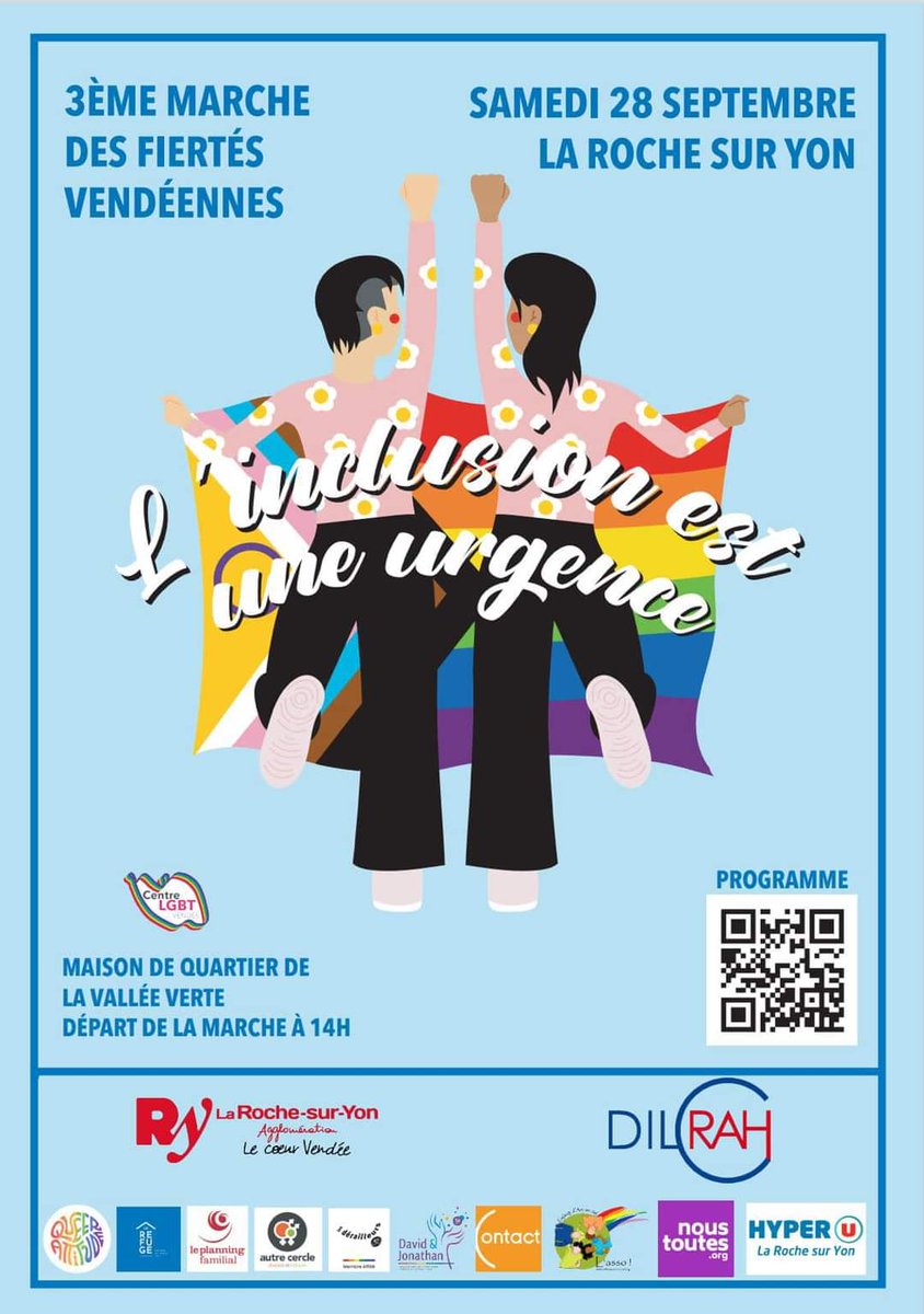 La "marche des fiertés" revient samedi prochain à la Roche-sur-Yon. 
Nous y participerons et nous invitons les Yonnaises et Yonnais à s'y joindre en nombre.
 Il est essentiel d'affirmer notre attachement indéfectible à l'égalité des droits et notre refus  des discriminations.