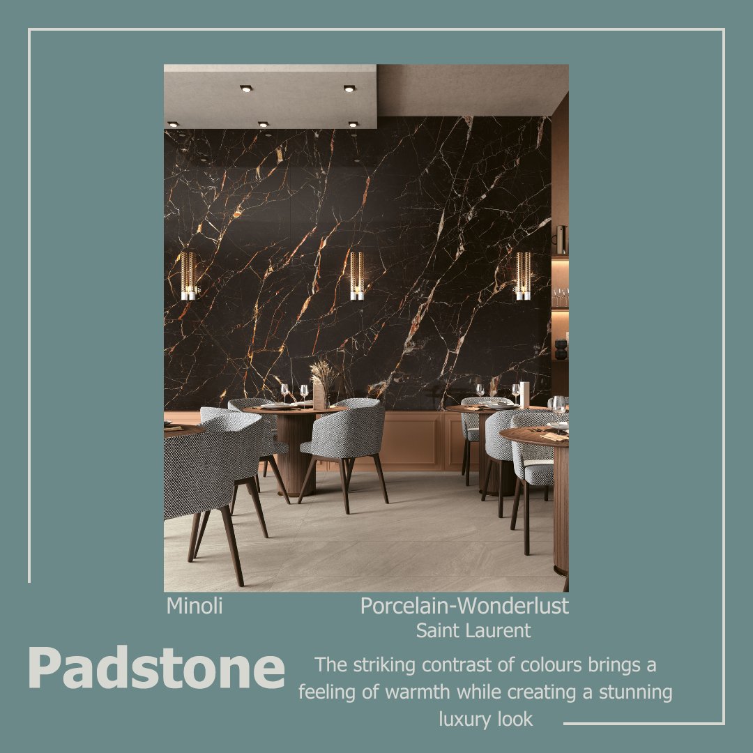 The combination of a dark background and contrasting veins provides a sense of depth &amp; beauty, giving a unique look. We have a great variety of <a href="/minolitiles/">Minoli</a> at our independent showroom, located just outside of Rye. #minoli #tiles #floortiles #interiordesign #featurewall