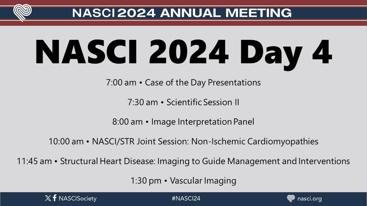 Good morning! Day 4 of #NASCI24 is packed with great sessions, starting with Case of the Day Presentations in 1 hour.

#nasci #cardiovascularimaging