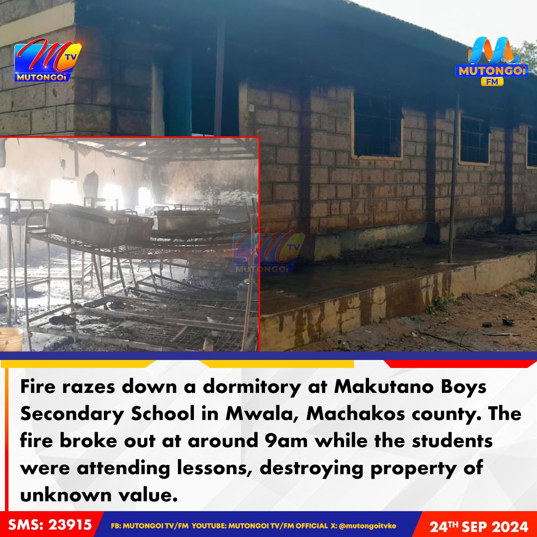 LiasonMedia's tweet photo. Makutano Boys Secondary School in Machakos County razed down during the day.

A number of students suspected to be responsible for the incident have been arrested.
#MainaAndKingangi 
@Arap_Nyasikera @EugeneOngeri https://t.co/kNMK2ZOf8I
