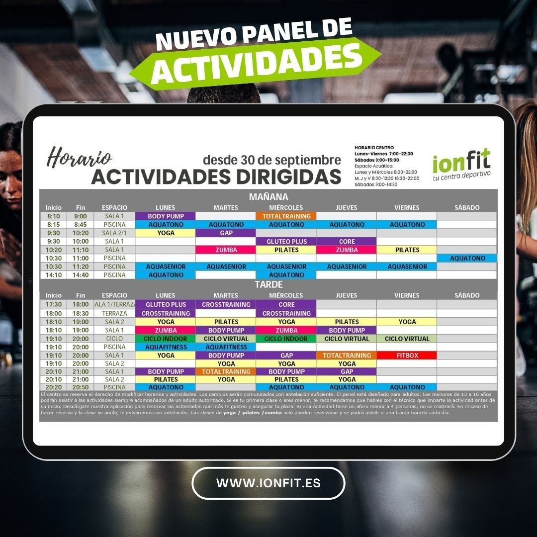 ionfit's tweet photo. ¡Atención a todos los miembros de Ionfit! Os anunciamos que A PARTIR del 30 de septiembre actualizamos nuestro panel de horarios para las actividades dirigidas. Reserva la clase perfecta para ti y planifica tu semana de entrenamientos.

¡No te lo pierdas! https://t.co/Q5pOLVHKdW