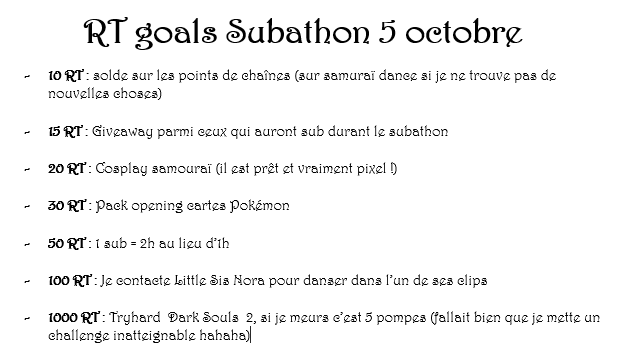 RETOUR SUBATHON 5 OCTOBRE !!!! (rt en masse lisez plus bas pourquoi)

Subathon c'est 12h+1h/sub sur plein de jeux incroyables qui seront dévoilés pendant la semaine

Nouveauté : rt en masse ce post pour atteindre les paliers du rt goals (ça vous coûte rien et ça ramène des gens)