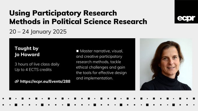 European Consortium for Political Research (@ecpr) on Twitter photo 🚀 Master narrative, visual & creative participatory research methods ⤵️
💻 Tackle ethical challenges & gain the tools for effective design and implementation
🧑🏫 Led by Jo Howard
📅 20–24 Jan 2025, Online
⏰ Limited availability - book now ecpr.eu/Events/288 🚀 Master narrative, visual & creative participatory research methods ⤵️
💻 Tackle ethical challenges & gain the tools for effective design and implementation
🧑🏫 Led by Jo Howard
📅 20–24 Jan 2025, Online
⏰ Limited availability - book now ecpr.eu/Events/288