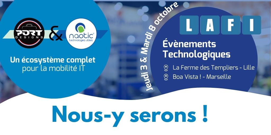 <a href="/NaoticFR/">Naotic</a> et <a href="/PORTDesigns/">PORT Designs</a> seront les 3 et 8 octobre prochain à Lille puis Marseille aux évènements Technologiques de notre partenaire LAFI !

#madeinfrance #mobiliteIT #digitalisation #IT