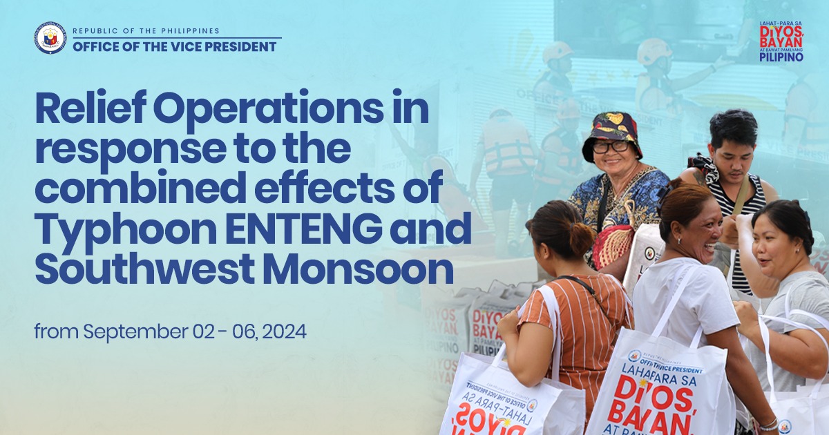 ValienteNews's tweet image. OVP RELIEF OPERATIONS: TYPHOON ENTENG AND SOUTHWEST MONSOON

Narito ang breakdown ng mga isinagawang Relief Operations ng Office of the Vice President para sa mga Pilipinong apektado ng nangyaring Typhoon #EntengPH noong September 2-6, 2024.

Sa pamamagitan ng OVP-Disaster…