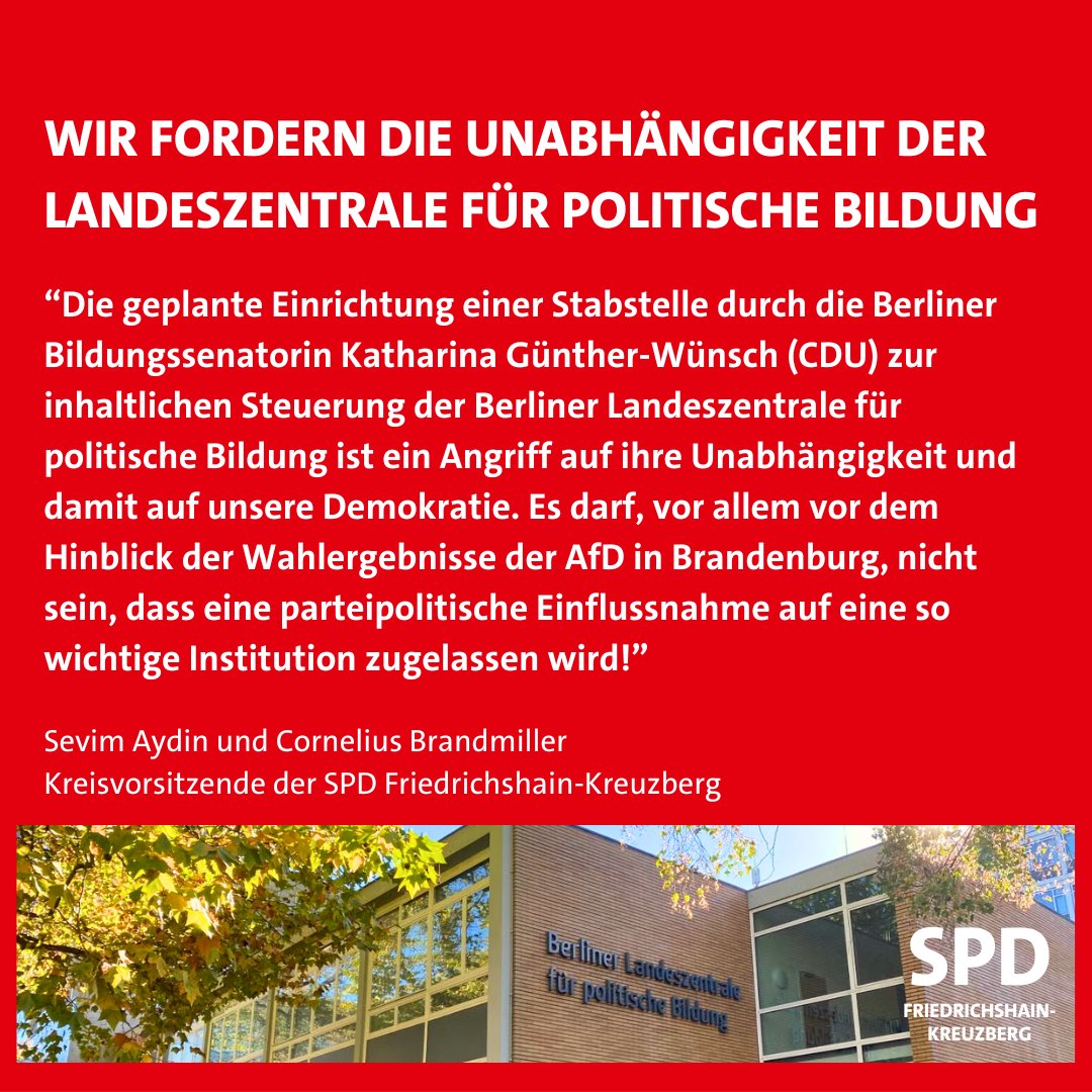 #Stellungnahme: Wir lehnen die Pläne der Berliner Bildungssenatorin Katharina Günther-Wünsch (CDU) entschieden ab, die Landeszentrale für politische Bildung unter die Kontrolle der Stabstelle „Politische Bildung und Demokratieförderung“ zu stellen.