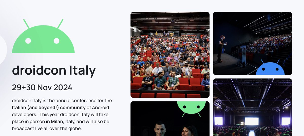 Planning to attend Droidcon Italy? We have great news for you — on tomorrow's stream with <a href="/romainguy/">Romain Guy</a> we'll be giving away both IN PERSON and ONLINE tickets. Don't miss it!