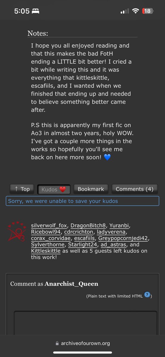 AnarchistQueen_'s tweet photo. @AO3_Status  
Why can’t my kudos be saved?? https://t.co/h7t5XsbvUg