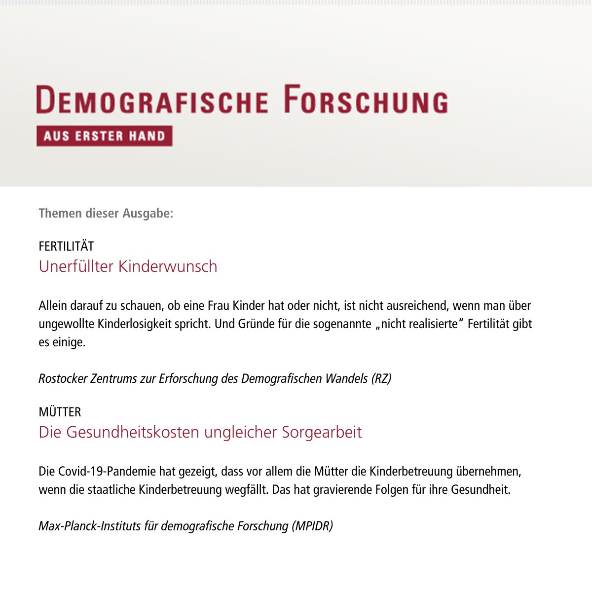 MPIDR (@mpidrnews) on Twitter photo For our German audience: Die dritte Ausgabe 2024 "Demografische Forschung aus Erster Hand" ist da. In dieser Ausgabe geht es um Ungerechtigkeit im Rentensystem, neue Begriffe bei Kinderlosigkeit & ungleich verteilte Sorgearbeit. demografische-forschung.org
<a href="/bib_bund/">Bundesinstitut für Bevölkerungsforschung (BiB)</a> <a href="/demografie_wien/">Wittgenstein Centre Wien</a> For our German audience: Die dritte Ausgabe 2024 "Demografische Forschung aus Erster Hand" ist da. In dieser Ausgabe geht es um Ungerechtigkeit im Rentensystem, neue Begriffe bei Kinderlosigkeit & ungleich verteilte Sorgearbeit. demografische-forschung.org
<a href="/bib_bund/">Bundesinstitut für Bevölkerungsforschung (BiB)</a> <a href="/demografie_wien/">Wittgenstein Centre Wien</a>