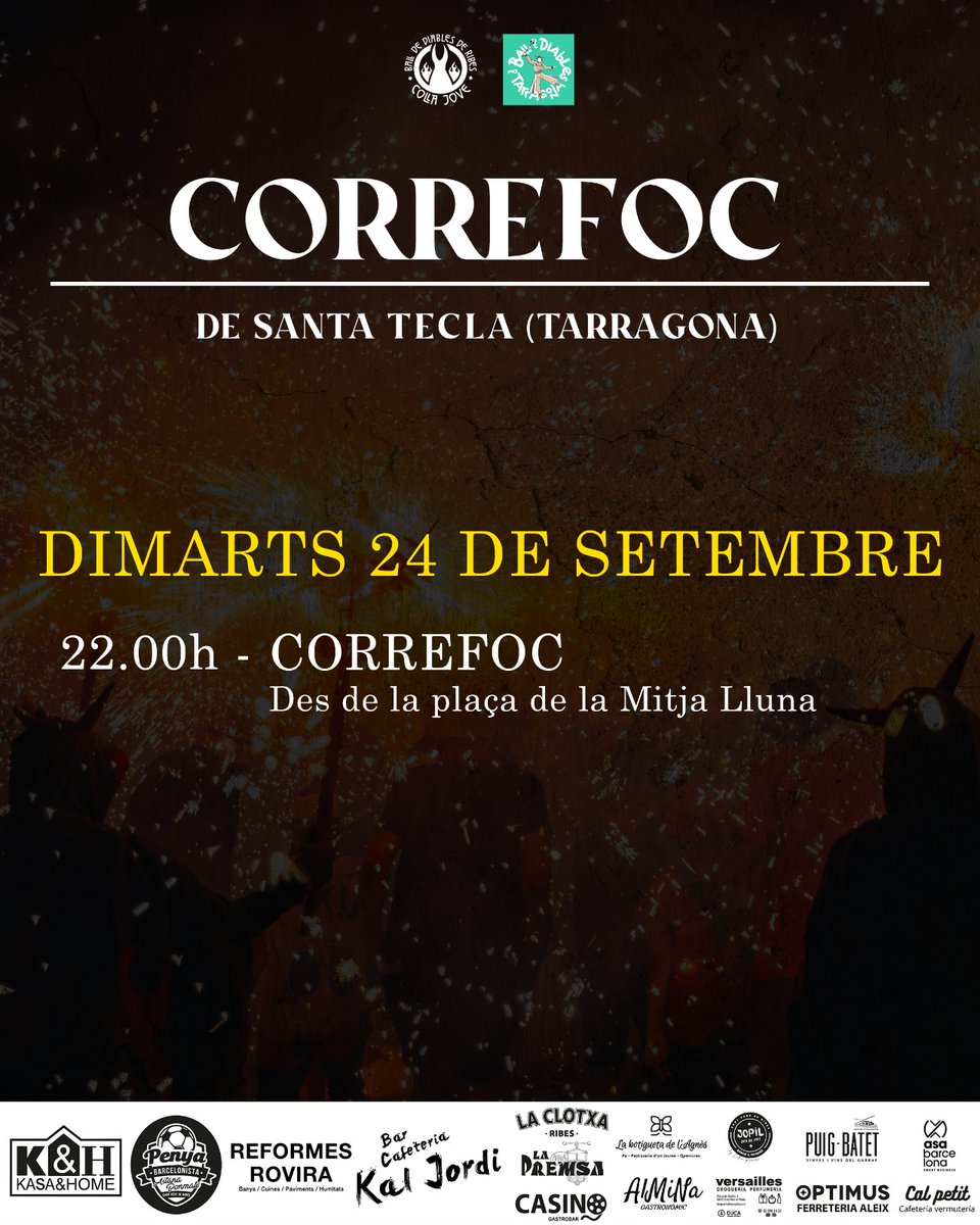 CollaJoveRibes's tweet photo. Quina manera de començar la tardor. Aquesta nit, a Tarragona, Correfoc de @SantateclaTGN. Som-hi! 💪🔥
#BallDeDiables
#SPRibes https://t.co/hclOMMw0uo