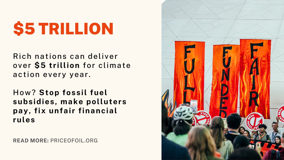 The math is simple: 
❌ End fossil fuel subsidies 
✅ Tax big polluters 
🔄 Fix unfair financial rules
Result? Over $5 TRILLION/year for #ClimateAction