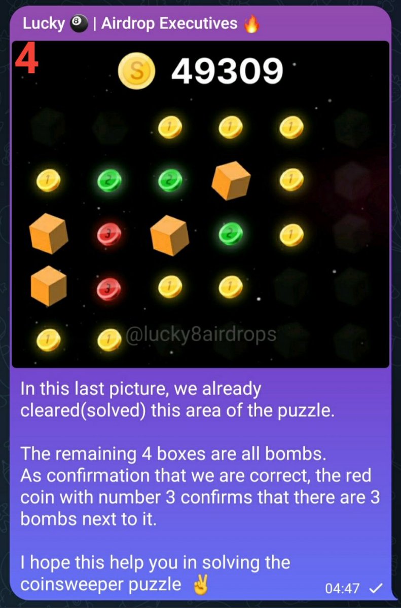 lucky8guy's tweet photo. 🔥#Bybit #Coinsweeper Puzzle Tutorial 4/4:

💎TIP: There will still be times that you will rely on your luck and that's where @lucky8airdrops comes in. You increase your chances of luck! LOL🤪

📌Check our Telegram Channel for more:
https://t.co/8uTojA4XOF | Tips and Tricks 🍏 https://t.co/OV3852xV4p