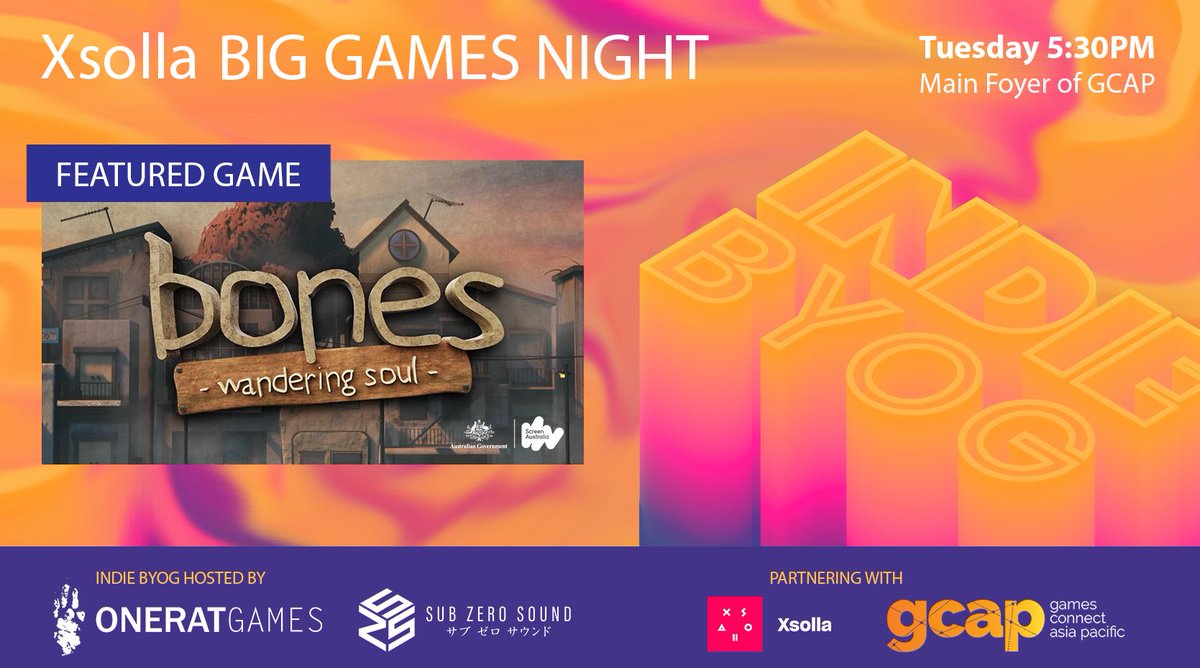 We’re excited to be showcasing Bones: Wandering Soul at the <a href="/Xsolla/">Xsolla</a> Big Games Night as part of <a href="/GCAPConf/">GCAP 2024</a> 2024! 

Running Tuesday Oct 8th 17:30-19:30, this official networking social is exclusive to GCAP attendees and features 20 ANZ games brought together by the <a href="/indiebyog/">Indie BYOG</a> team!