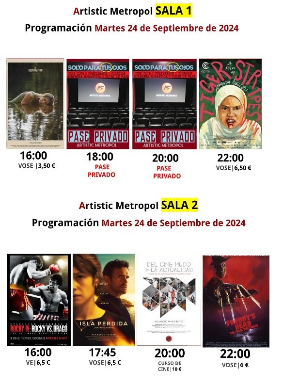artmetropol's tweet image. Nuestra programación para hoy martes 24

SALA 1

#PasePrivado
#TheRestoration
#TigerStripes

SALA 2

#RockyvsDrago 
#IslaPerdida
#PesadillaenElmStreet6
#CursoHistoriadelCine

Entradas a la venta en
artisticmetropol.es