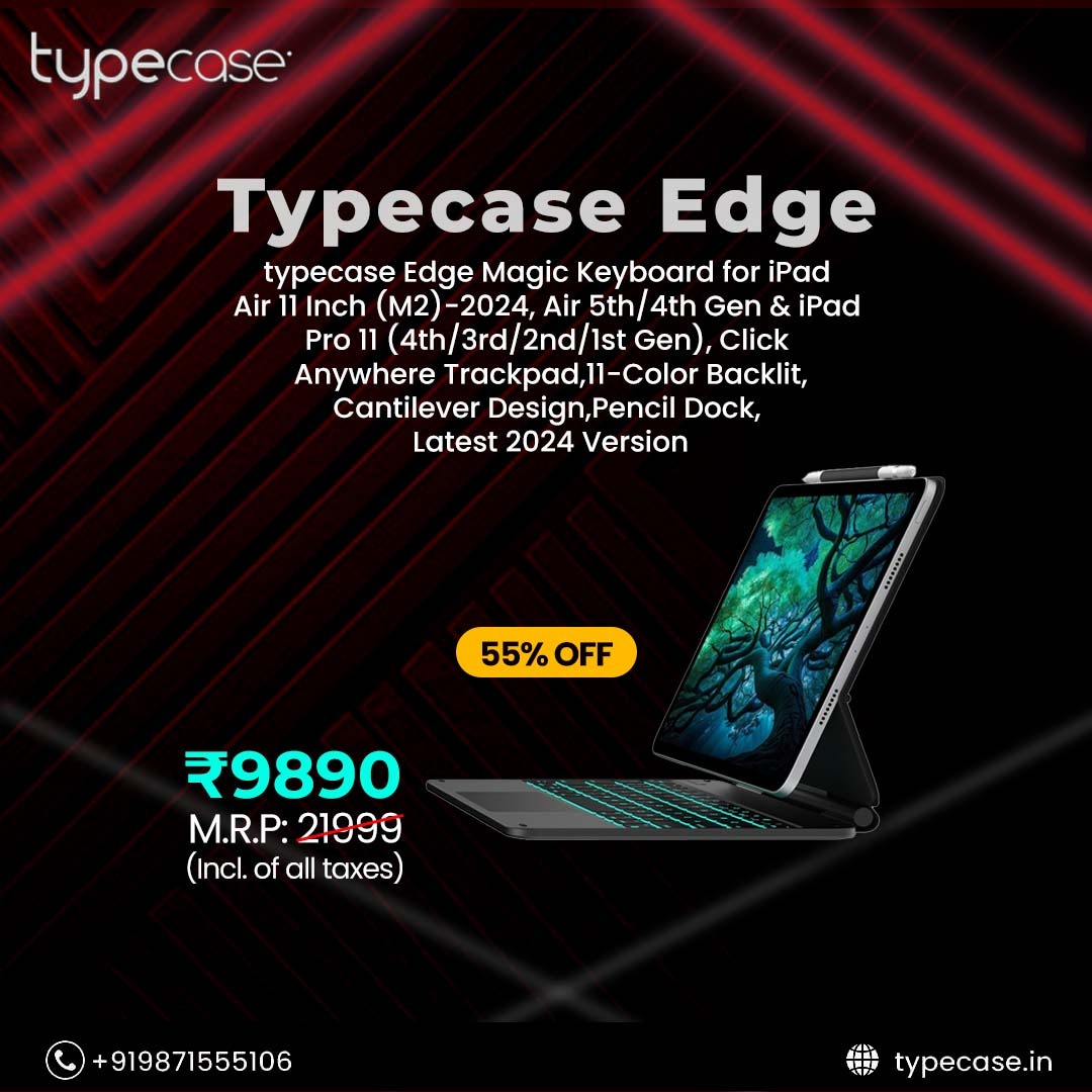 typecase_india's tweet photo. Get the Typecase Edge Magic Keyboard with an 11-color backlit, click-anywhere trackpad, cantilever design, and pencil dock. Perfect for your iPad Air and iPad Pro.

💸 Now at ₹9890 (M.R.P ₹21999) – Limited Time Offer!

https://t.co/l02cEj3LKA
For inquiries: +919871555106 https://t.co/nx49zVLHel
