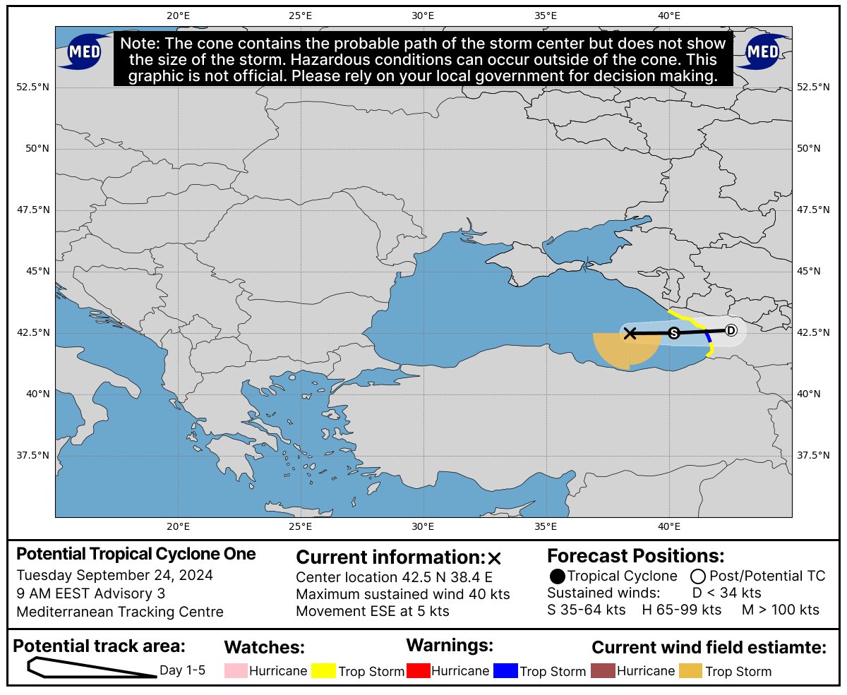 MedicaneTrack's tweet photo. Potential Tropical Cyclone #One Advisory #3: New tropical cyclone likely to near #Georgia. Max winds are at 40 knots (45 mph). TS warnings issued, development to a TC anticipated in the 12 hours. Click below on MCT discussion for more info.
#Medicane https://t.co/xU3l5ieJH3