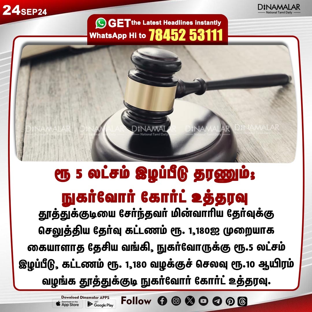 dinamalarweb's tweet photo. ரூ 5 லட்சம் இழப்பீடு தரணும்;
நுகர்வோர் கோர்ட் உத்தரவு
#Courtorder | #ElectricalTest | #Examinationfee | #Thoothukudi
https://t.co/y4W3uzOopr https://t.co/RMqUozxZJa
