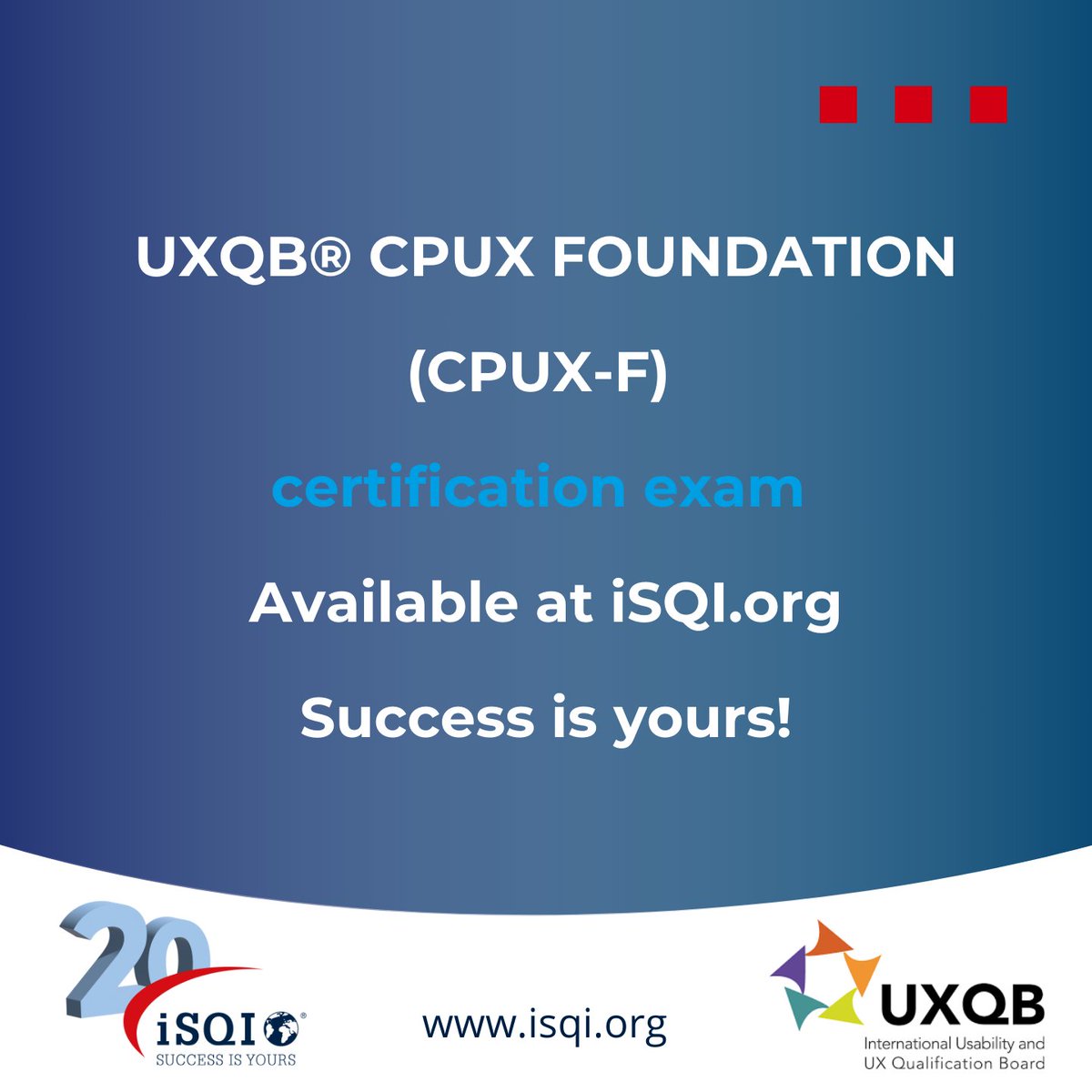 Optimizing User Experience is key to software success!

Certify with the UXQB® CPUX Foundation (CPUX-F)  👉 hubs.ly/Q02QqwBv0

Boost exam prep and try our free online mock exam 🔗 hubs.ly/Q02QqwJ40