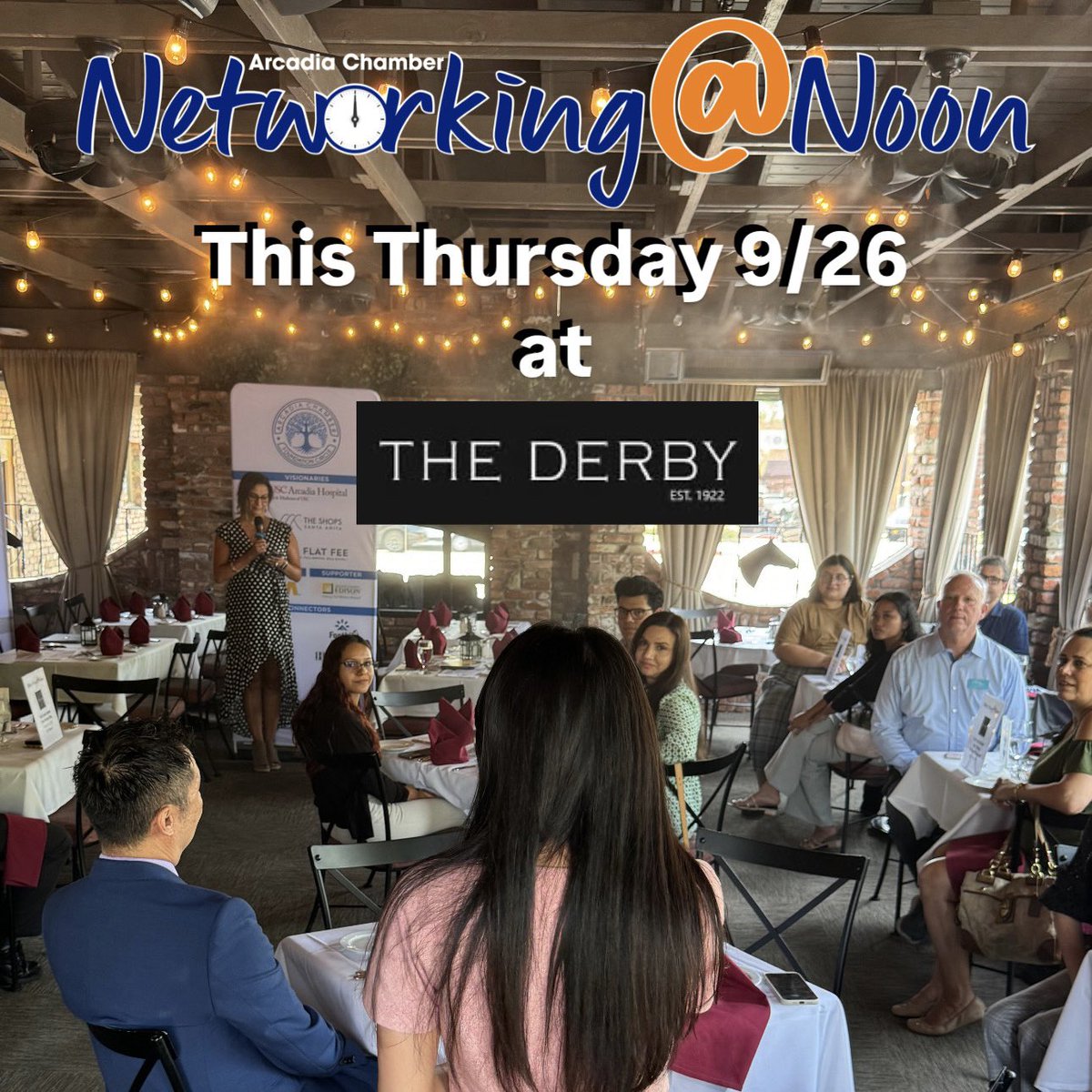 ArcadiaChamber's tweet photo. Thurs 9/26 is Networking@Noon at The Derby!

Register: https://t.co/BRLiHs5iFx

This is a great networking opportunity that you don’t want to miss!
• Give your 39 second pitch
• Enjoy a fantastic lunch
• Build relationships &amp; make connections 
• Network! https://t.co/ZRbeSO7hnq