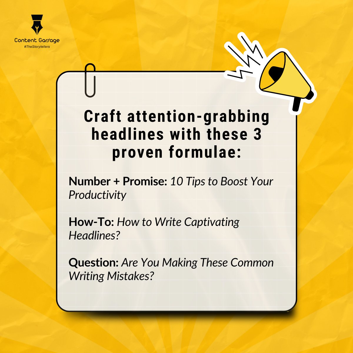 Want to boost your headline game? Try these 3 proven formulas for crafting attention-grabbing headlines!

Copy: <a href="/content/">CREATE</a>.garrage
Design: <a href="/lekinq_/">LekinQ</a>

#CG #ContentGarrage #Contentwriting #Spellingerror #Spellcheck #Punstagram #Punintend #WritingTips