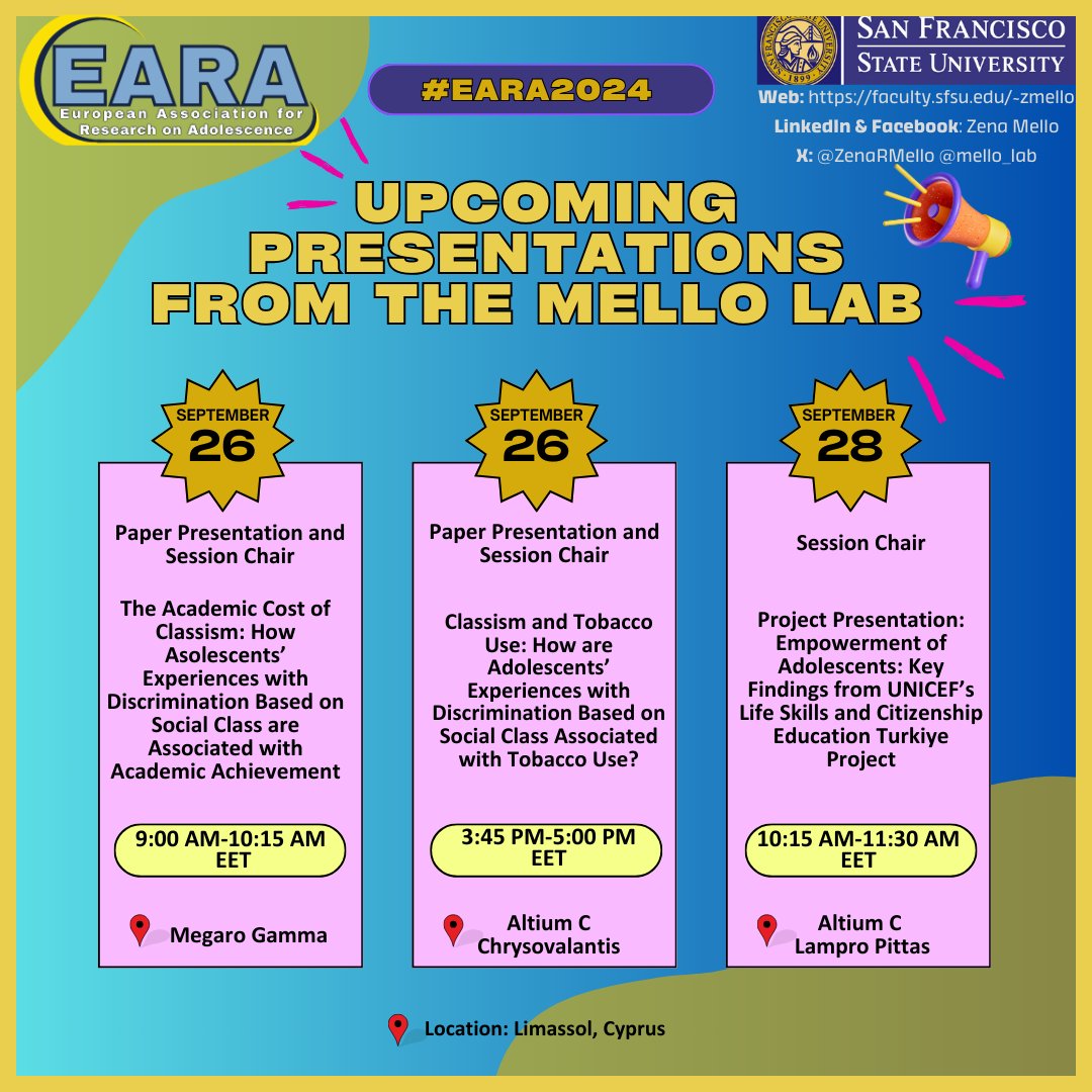 #EARA2024 is just around the corner! Feel free to join the Mello Lab at any of the 3 presentations we will be hosting this year! We can't wait to see you all there! #EARA <a href="/EARA_2024/">EARA 2024</a> <a href="/EARAdolescence/">EARA Adolescence</a>