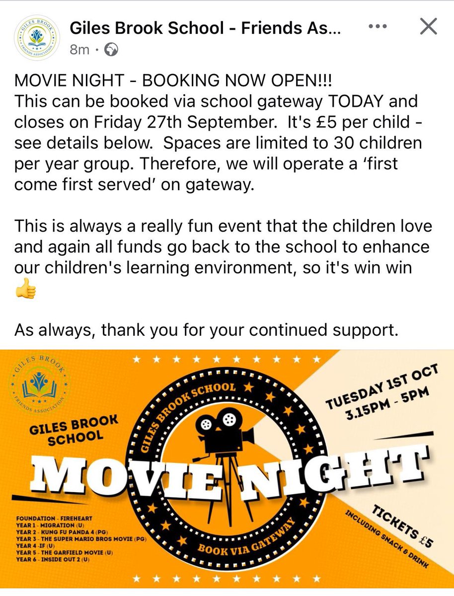Movie night booking is now live on School Gateway! 

Limited spaces per year so book asap 

All funds go to the school 🥳