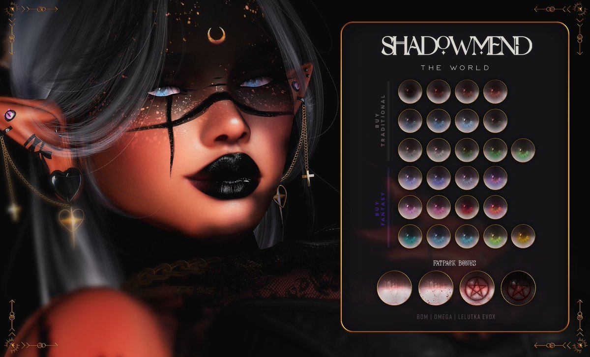 EvaShadowmend's tweet photo. +SHADOWMEND+ Presents Alumina Makeup and The World Eyes!

The World has 13 traditional shades, 13 fantasy shades, and 4 hauntingly beautiful FATPACK only shades! PLUS, participate on the Harvest of Souls Hunt to receive an additional pack. I had SO much fun designing these packs!

Alumina is a beautiful face paint to adorn yourself with.

Visit Harvest of Souls now: https://t.co/EJbfKwx2ez