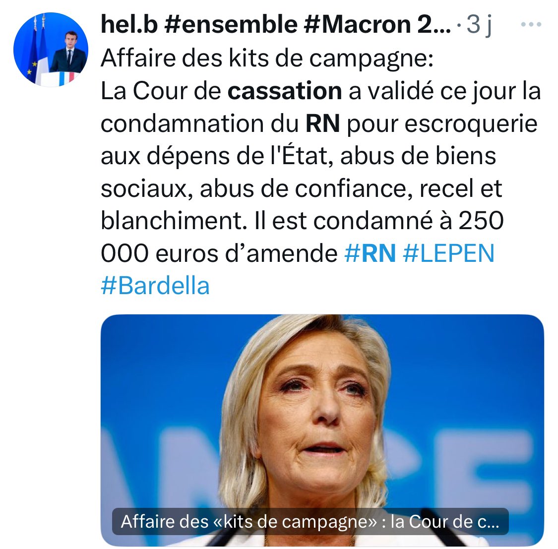 IsabelleMirocha's tweet photo. @libe Et hop mon petit post préféré de rentrée
#RN
#LesEscrocs
Le parti anti-France
Merci @Courdecassation https://t.co/V6yN08ULti