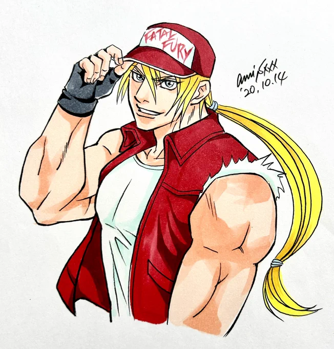 #スト6 でテリー・ボガード参戦したね。  格ゲーキャラで1番楽描きしているのは八神庵だけれど、次に仕事以外で良く描いているのはテリーかな。 柴田亜美  #餓狼伝説