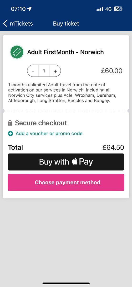 ryanbwoods's tweet photo. @FirstNorwich quick question why do you have 2 prices on your First Norwich Adult Month tickets but are charging the higher price e.g it says £60 at the top and then says £64.50 just above the payment methods on the app https://t.co/gS2y0lUSOt