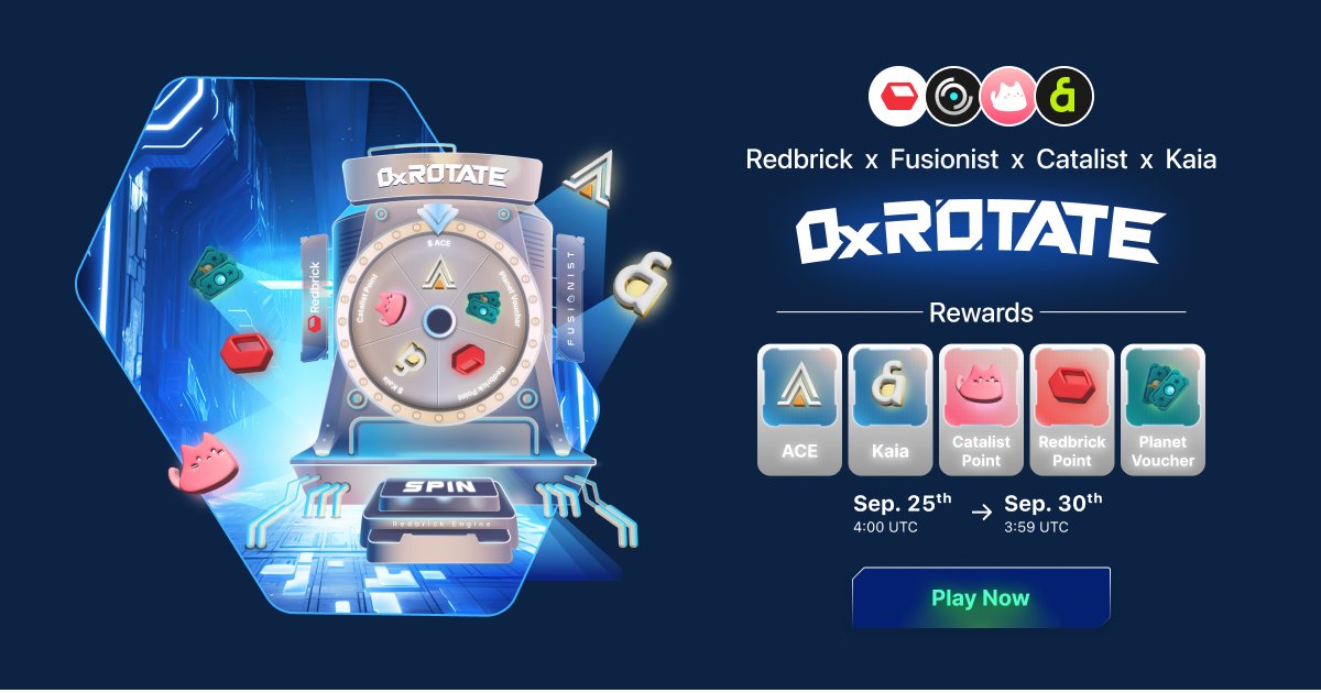 🚀 0xRotate: Experience Something New on Endurance &amp; Kaia Chains!

Join the Endurance ecosystem with a $Kaia(Klay) pass and spin to earn rewards! Powered by the Redbrick engine, this 5-day event is co-hosted by Redbrick, <a href="/fusionistio/">Fusionist 🛸👾 | Endurance ♠️⛓</a>, <a href="/KaiaChain/">Kaia</a>, and <a href="/CatalistFinance/">Catalist</a>.

Redbrick’s