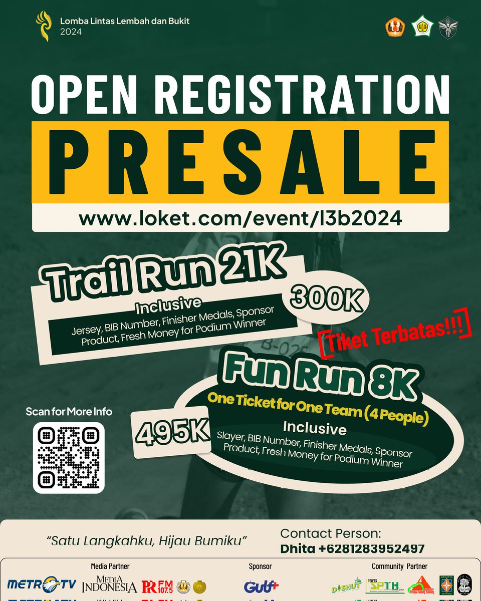 [PRE SALE TICKET L3B 2024]

"Satu Langkahku, Hijau Bumiku"

Lomba Lintas Lembah dan Bukit (L3B) merupakan acara rutin Fakultas Pertanian Universitas Padjadjaran. 

Registrasi dapat diakses melalui link dibawah ini yaa!🎟 ⤵
loket.com/event/l3b2024

Contact Person: (081283952497)