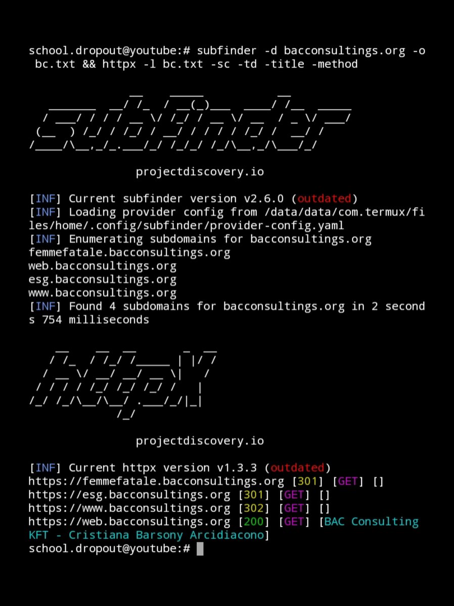 gudetama_bf's tweet photo. Subdomain Recon using SubFinder &amp; HTTPX 

subfinder -d target -o sd &amp;&amp; httpx -l sd -sc -td -title -method

#bugbountytips #bugbounty https://t.co/SVEuyimkB2