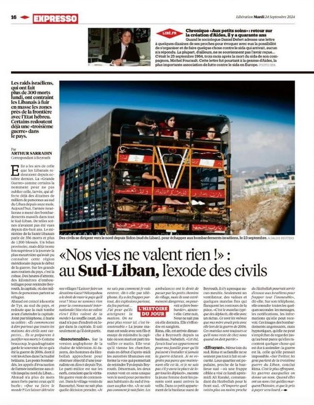 🇱🇧  «Que va faire le monde ?! Les laisser détruire nos villages ? Laisser faire un deuxième Gaza ? Nétanyahou a le droit de raser le pays qu’il veut ? Nous ne sommes rien pour la communauté internationale ! Nos vies ne valent rien ! Elles valent de la merde !»

📰 Un de ces