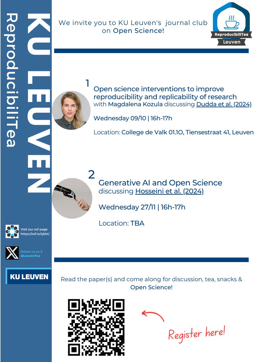 UPDATED CLUB INFO 📢 Join us Oct 9th, 4-5PM Room 01.10 College De Valk KU Leuven for our next club feat. Dr. Magdalena Kozula on boosting reproducibility and replicability with #OpenScience interventions.

🔬✨Register: tinyurl.com/3hd9t4ru or use QR code below!