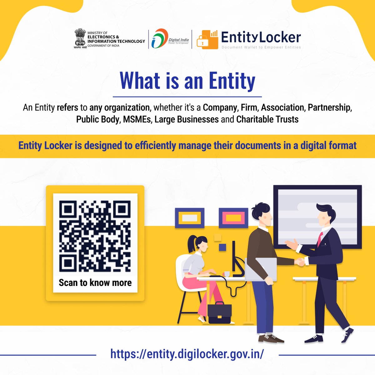 digilocker_ind's tweet image. An #Entity can be any organization-be it a company, firm, public body, MSME, or charitable trust. Entity Locker ensures their documents are managed efficiently and securely in a digital format. Visit now: entity.digilocker.gov.in
#DigitalIndia #EntityLocker #MSMEs