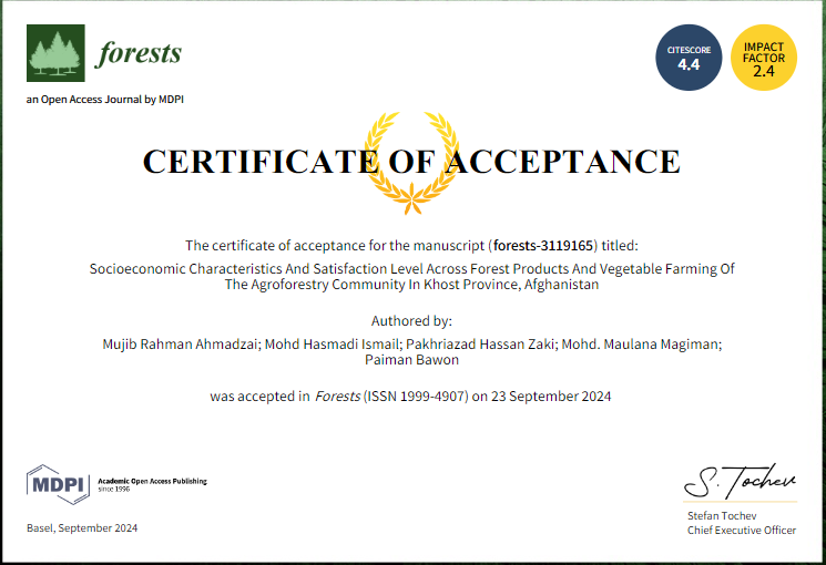 AhmadzaiMujib's tweet photo. Alhamdulillah, my research paper has been accepted for publication in @Forests_MDPI, an esteemed Q1 journal published by MDPI. This study was generously supported by a grant from the @Afghanistan Research Initiative/ @University of Central Asia, @AKF_GlobalCanada. https://t.co/rwmkCTXuy4